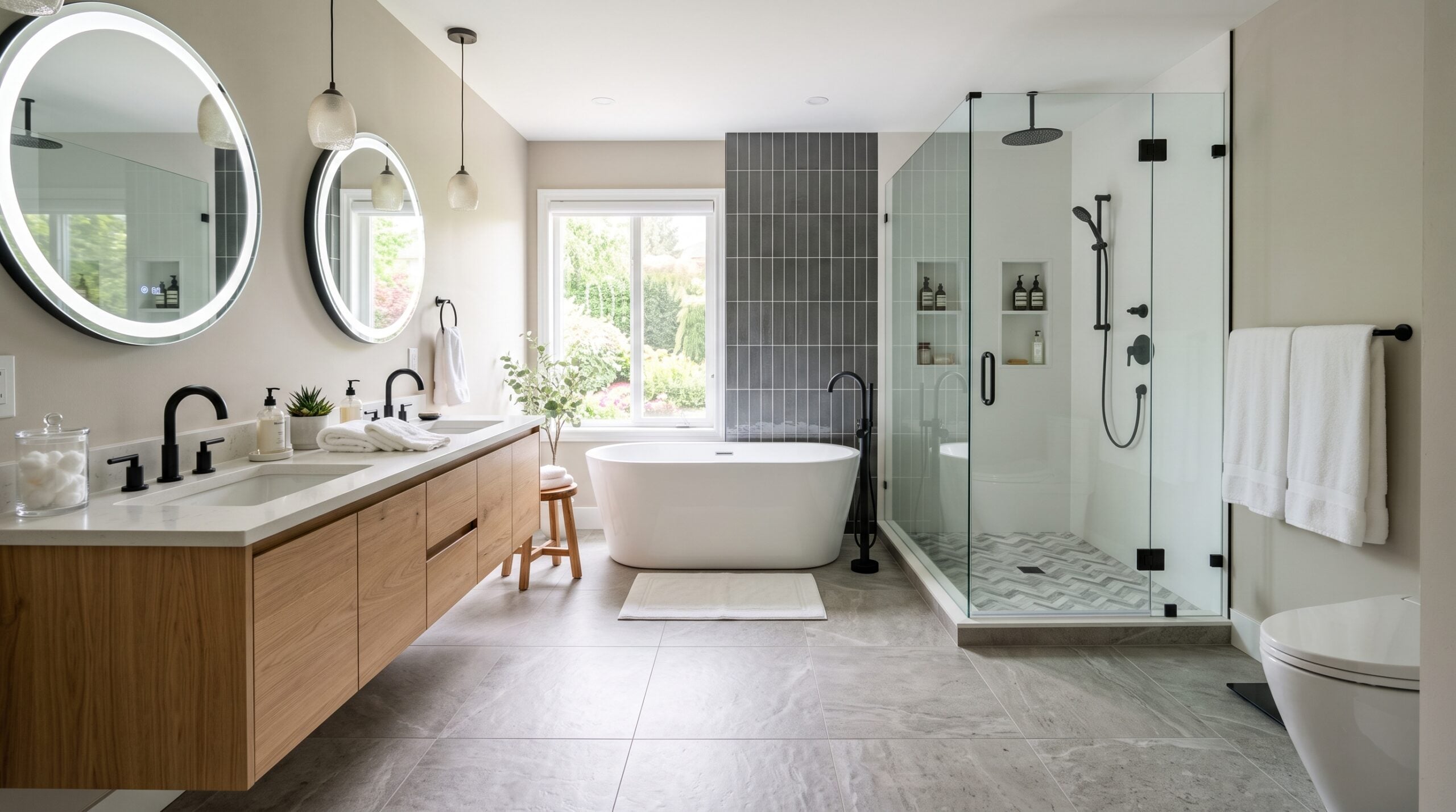 Modern primary bathroom featuring a floating wooden double vanity, backlit round LED mirrors, freestanding soaking tub, and glass shower.