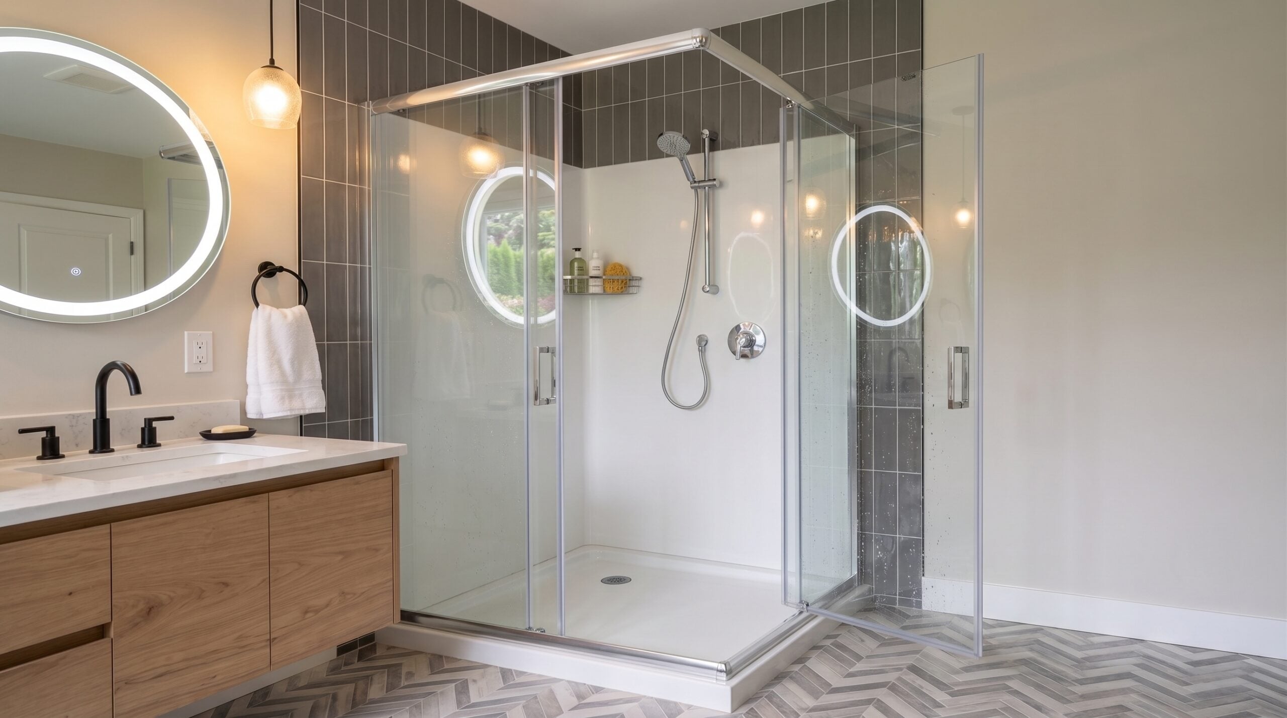 Corner walk-in glass shower enclosure next to a floating wooden vanity with an illuminated LED mirror.