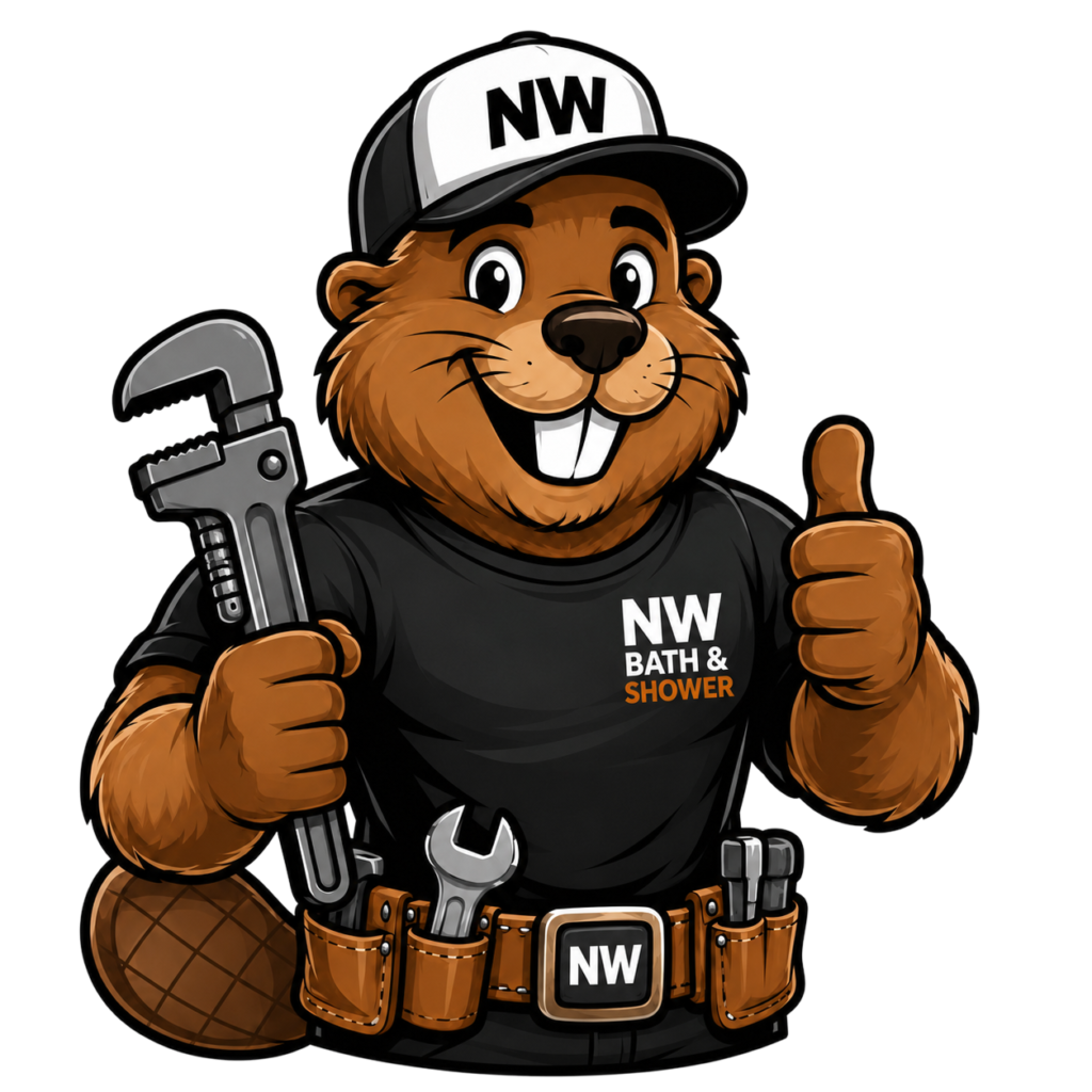 Cartoon beaver mascot wearing an NW cap and tool belt, holding a pipe wrench and giving a thumbs up.