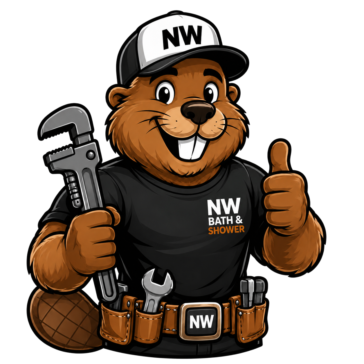 Cartoon beaver mascot wearing an NW cap and tool belt, holding a pipe wrench and giving a thumbs up.