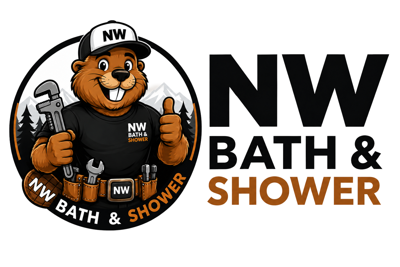 NW Bath & Shower circular emblem with beaver mascot next to bold orange typography on a black background.
